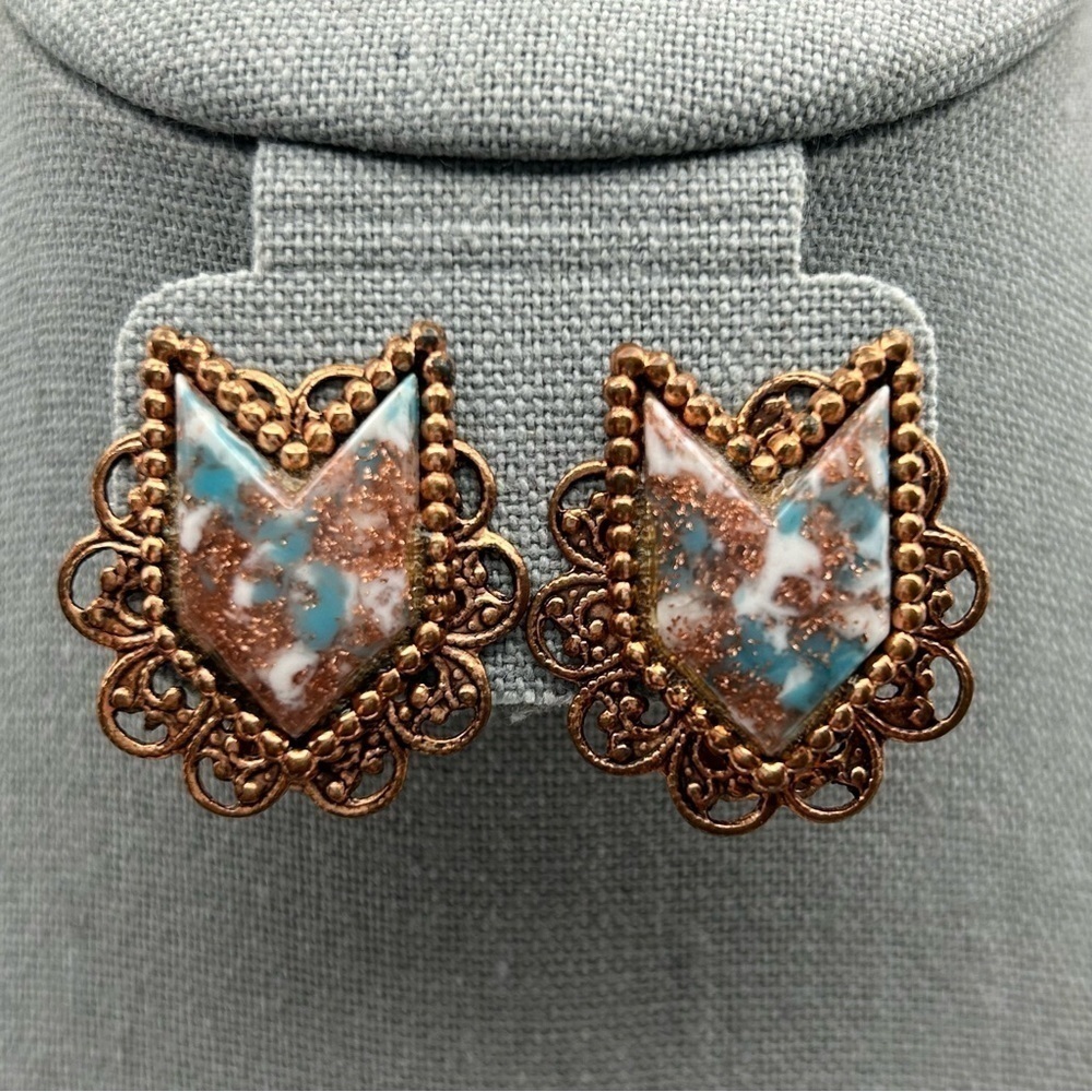Vintage Copper Swirl Victorian Revival Clip On Earrings with Marble Glitter